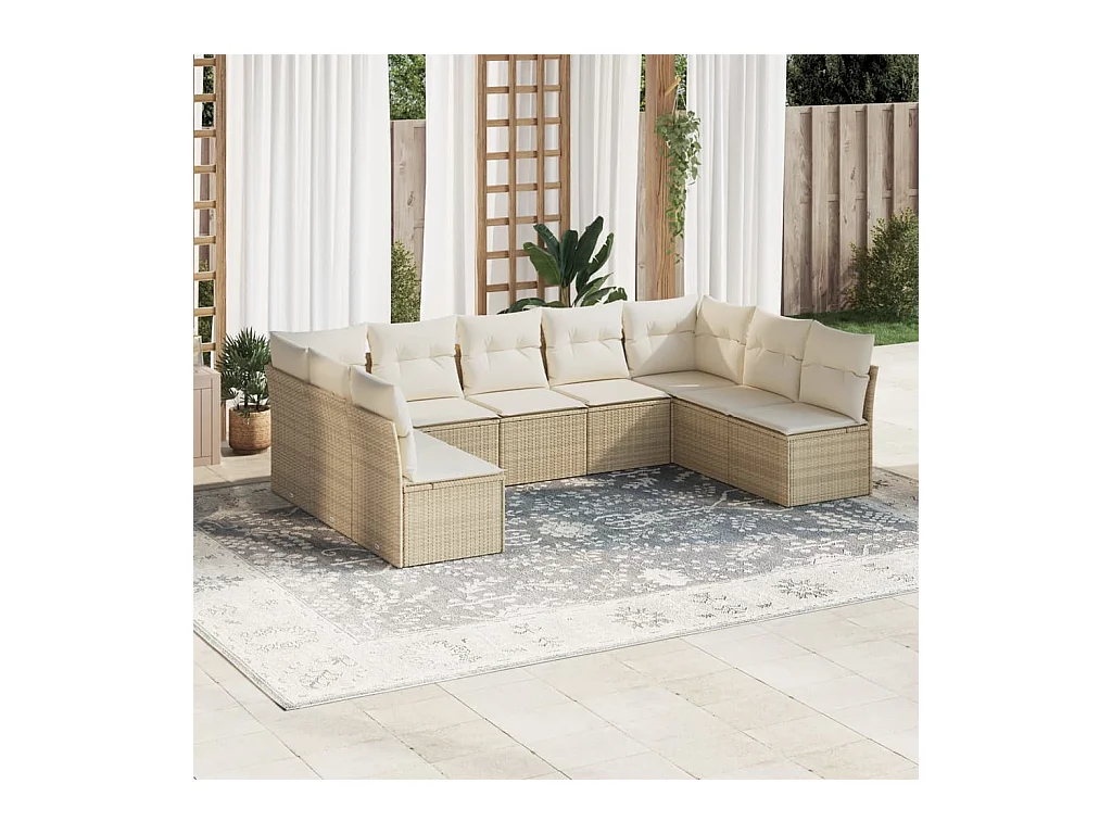 Salon de jardin avec coussins 9 pcs beige résine tressée