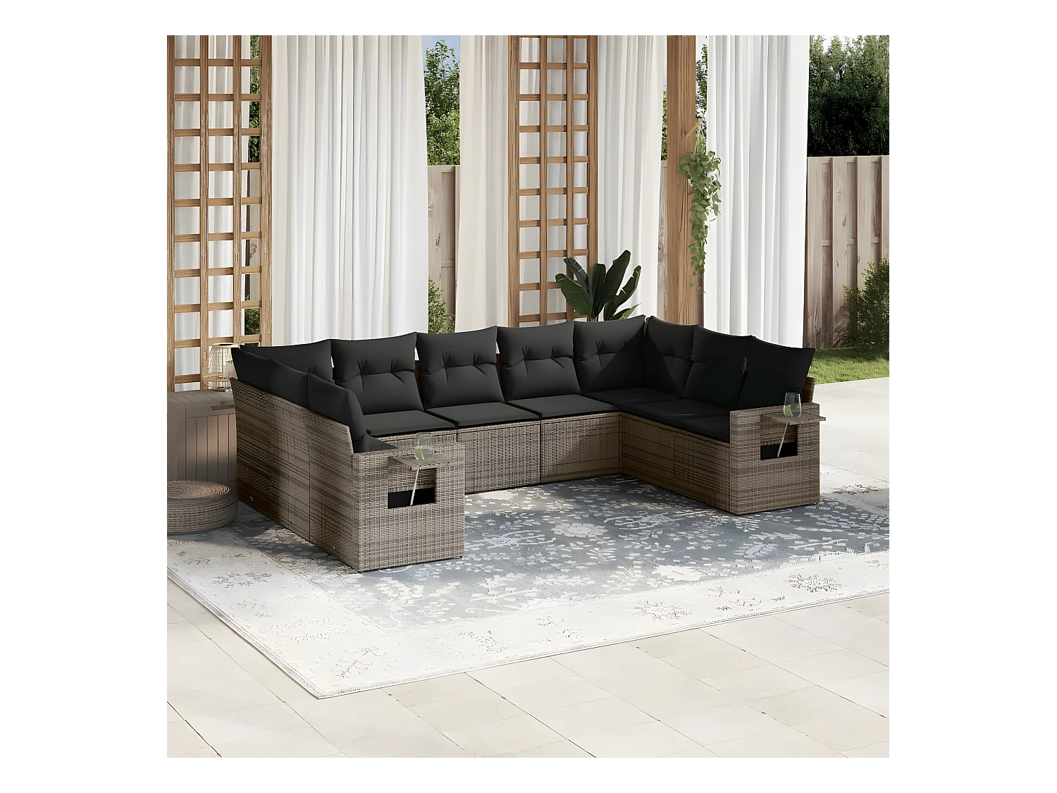 9-delige Loungeset met kussens poly rattan grijs