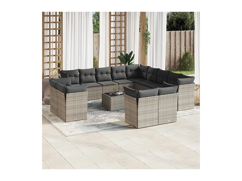 Set Divani da Giardino 14pz con Cuscini in Polyrattan Grigio