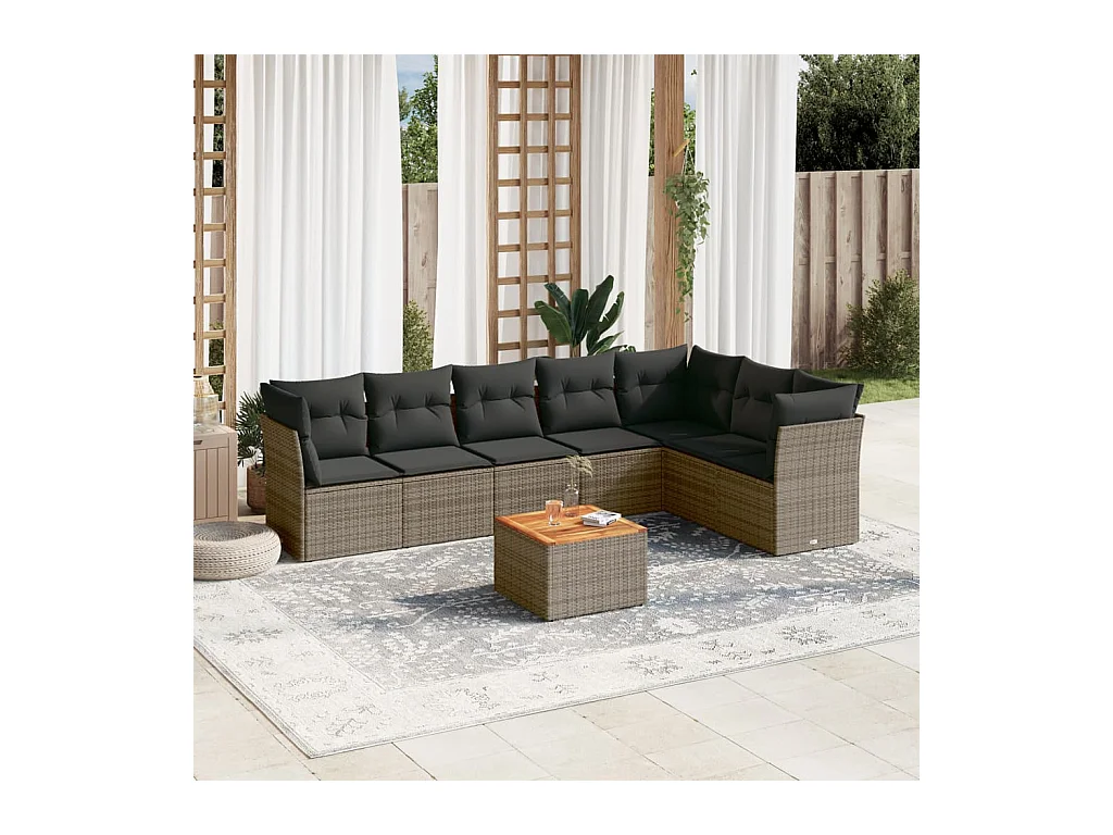 Set de sofás de jardín 8 pzas y cojines ratán sintético gris