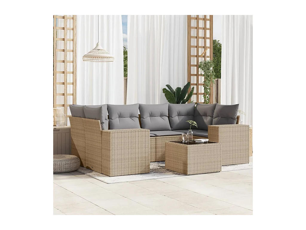 7-delige Loungeset met kussens poly rattan beige