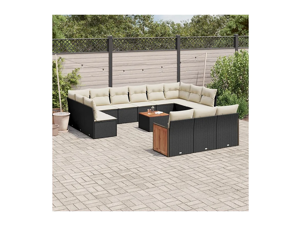 Salon de jardin avec coussins 14 pcs noir résine tressée