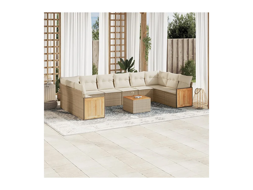 Salon de jardin 11 pcs avec coussins beige résine tressée