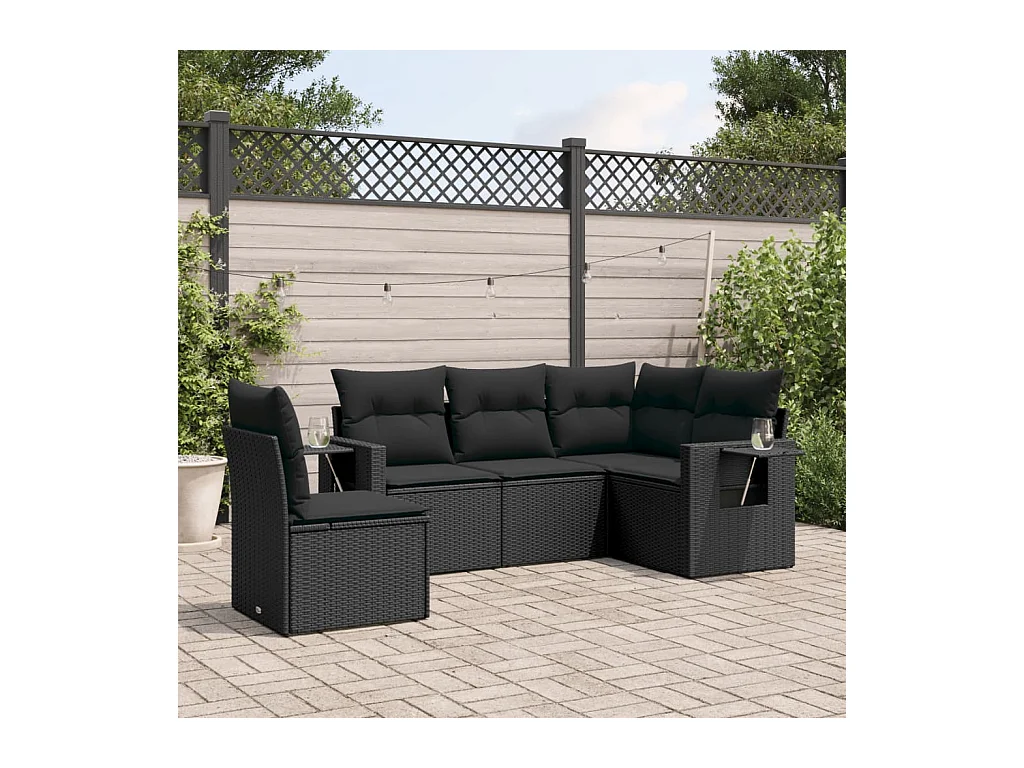 5-tlg. Garten-Sofagarnitur mit Kissen Schwarz Poly Rattan