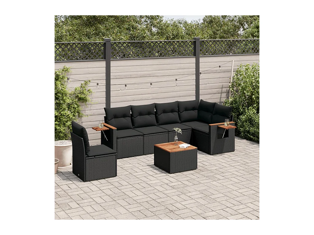 Salon de jardin 7 pcs avec coussins noir résine tressée