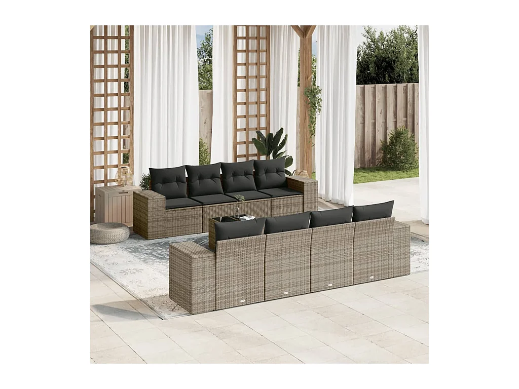 Set Divano da Giardino 9 pz con Cuscini Grigio in Polyrattan
