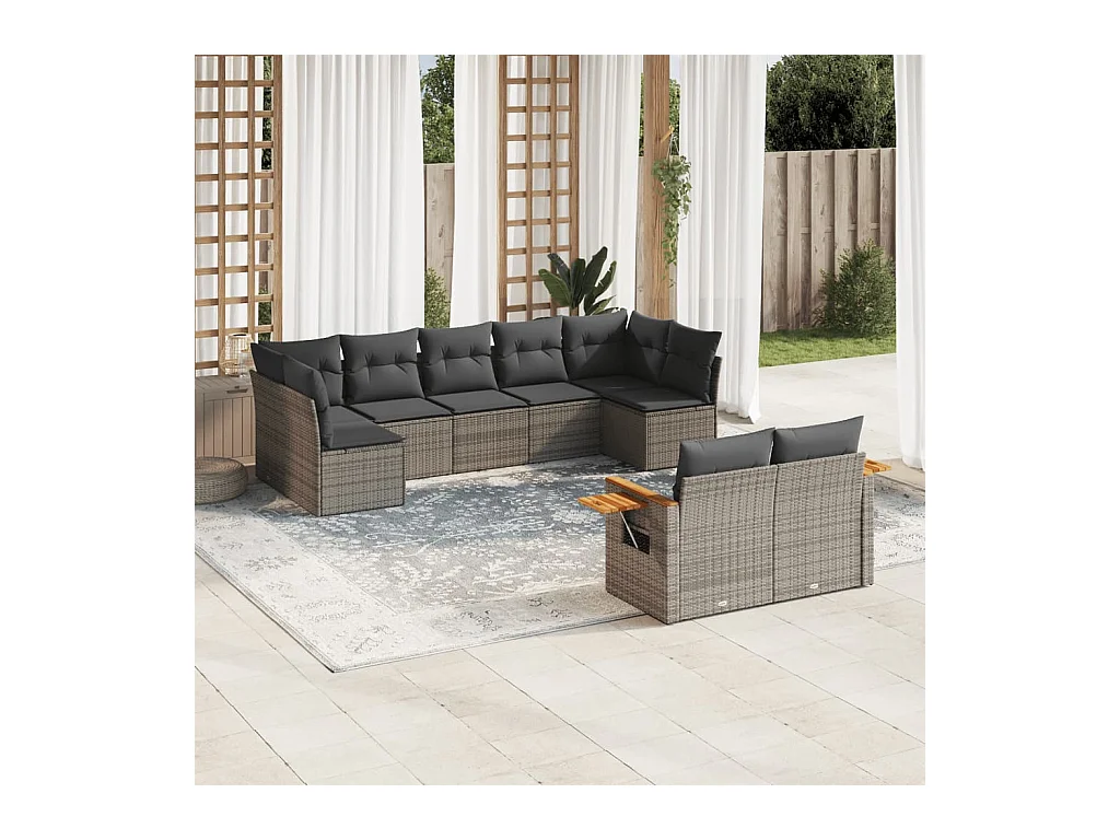 Salon de jardin 9 pcs avec coussins gris résine tressée