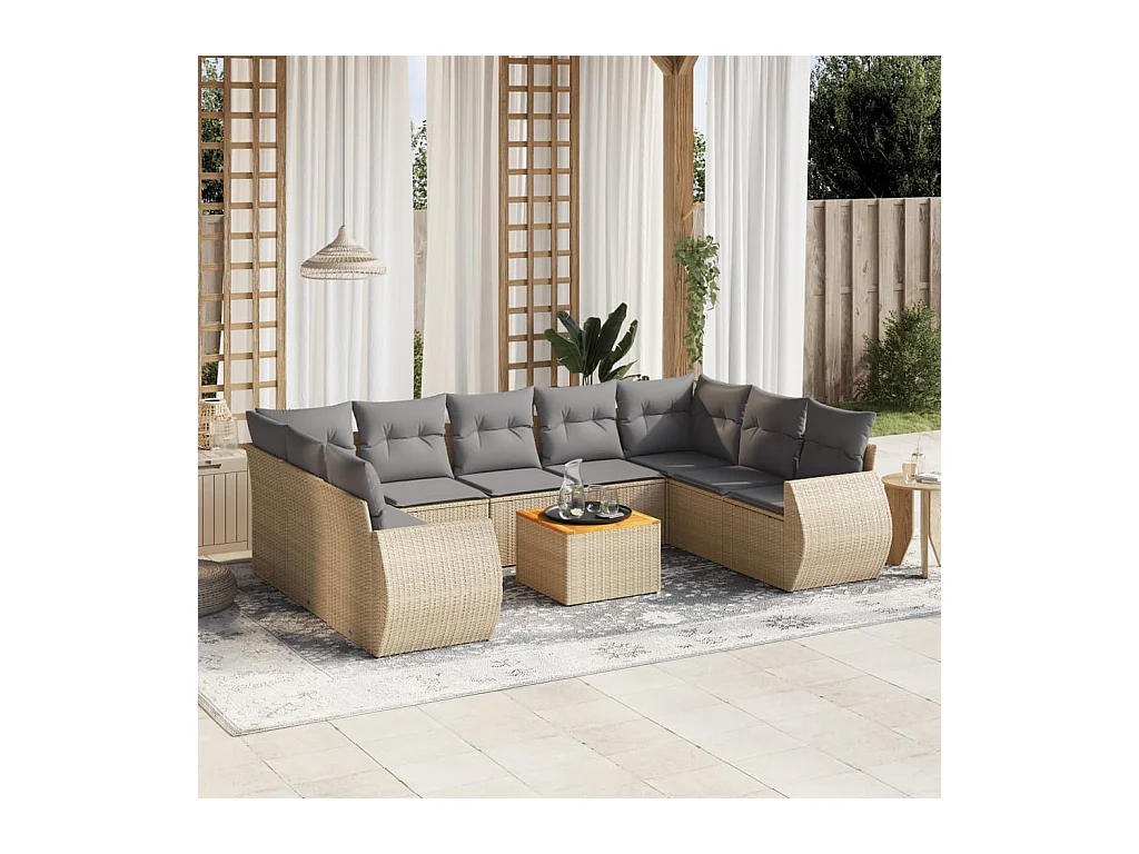 Salon de jardin avec coussins 10 pcs beige résine tressée