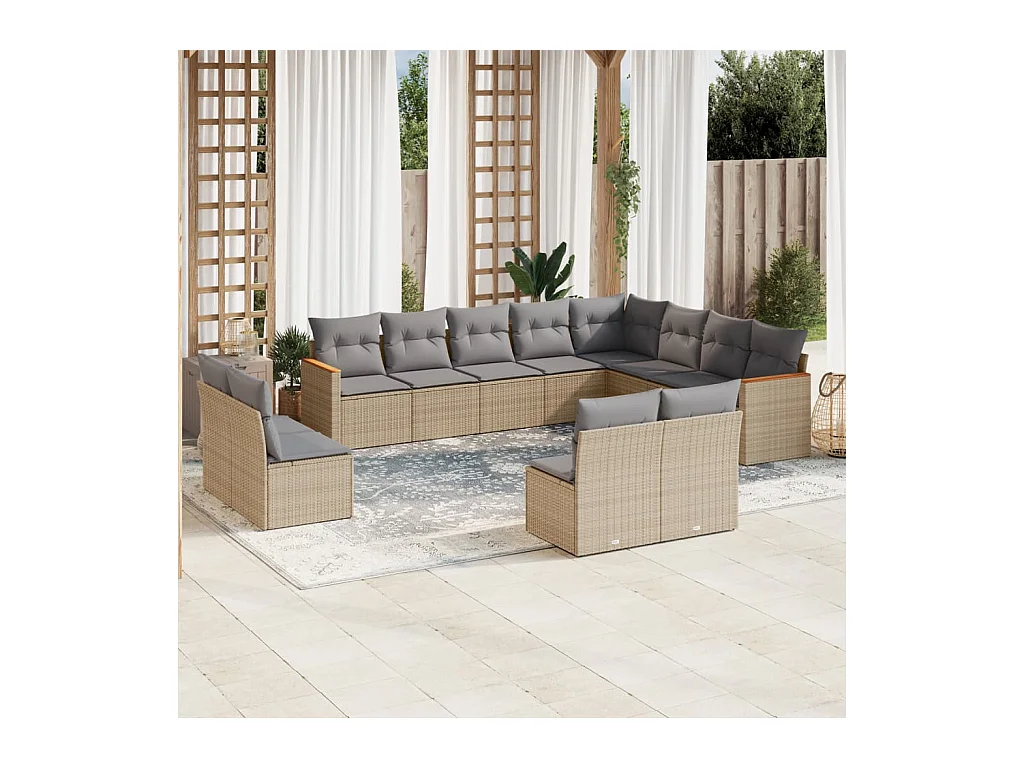 Set Divano da Giardino 12 pz con Cuscini Beige Misto Polyrattan