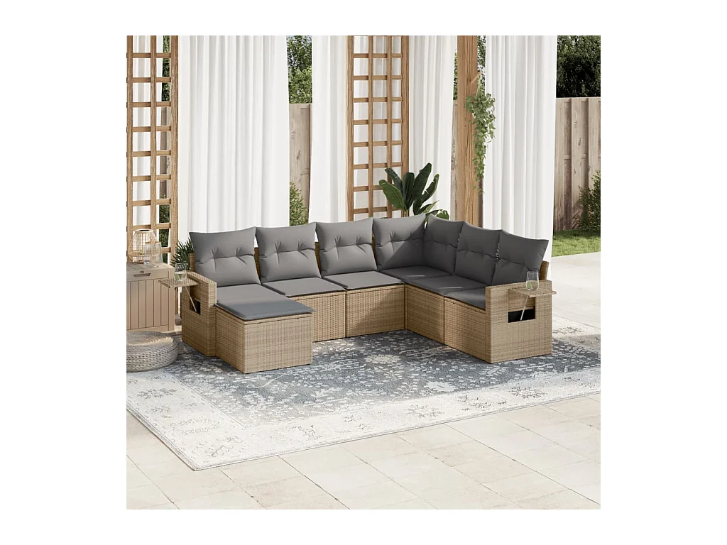Set Divani da Giardino 7 pz con Cuscini Beige in Polyrattan