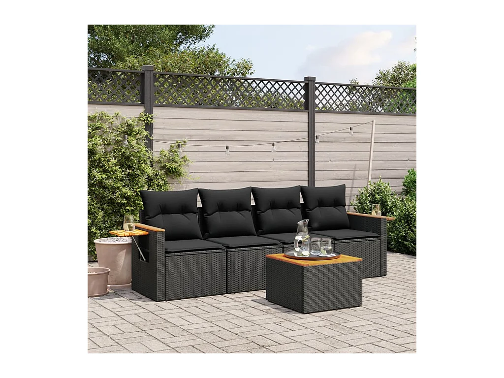 Salon de jardin 5 pcs avec coussins noir résine tressée