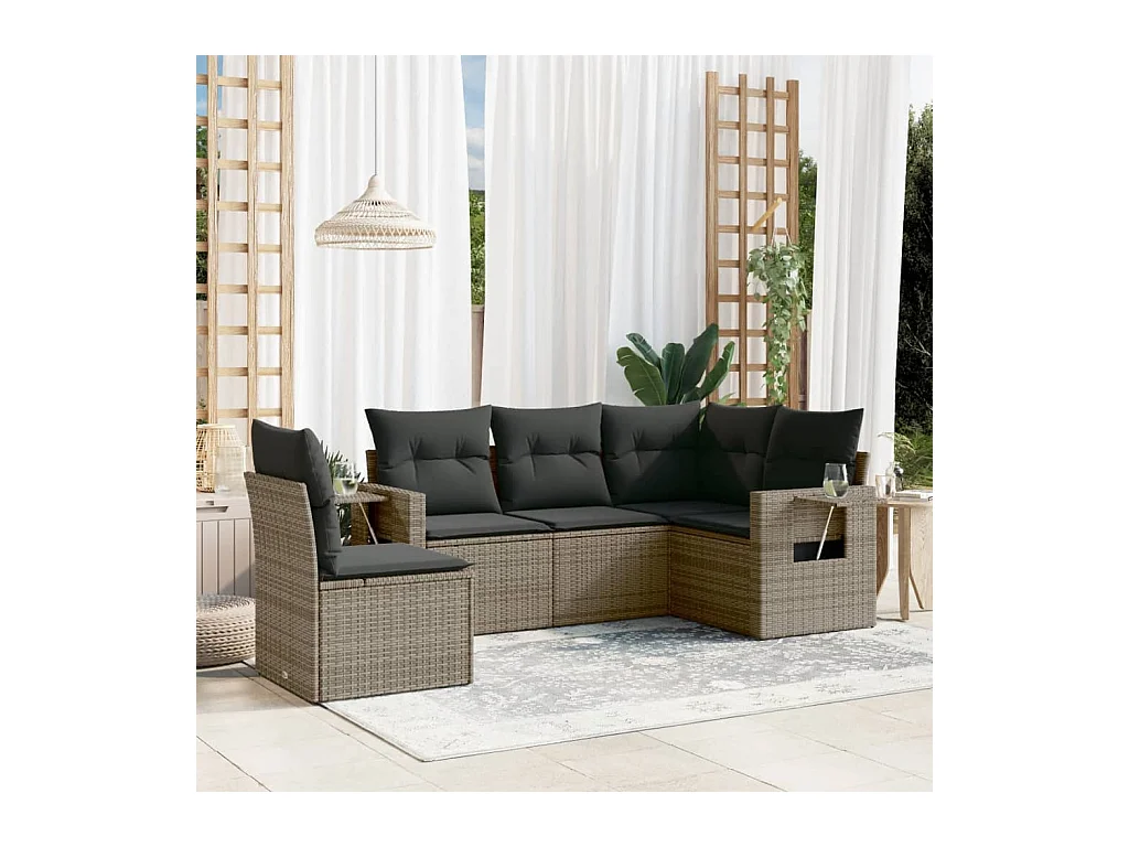 5-delige Loungeset met kussens poly rattan grijs