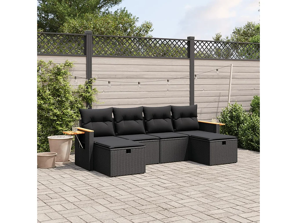 Salon de jardin 6 pcs avec coussins noir résine tressée