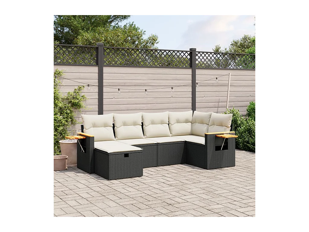 Salon de jardin 6 pcs avec coussins noir résine tressée