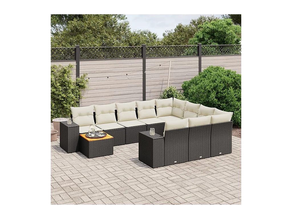Salon de jardin 11 pcs avec coussins noir résine tressée
