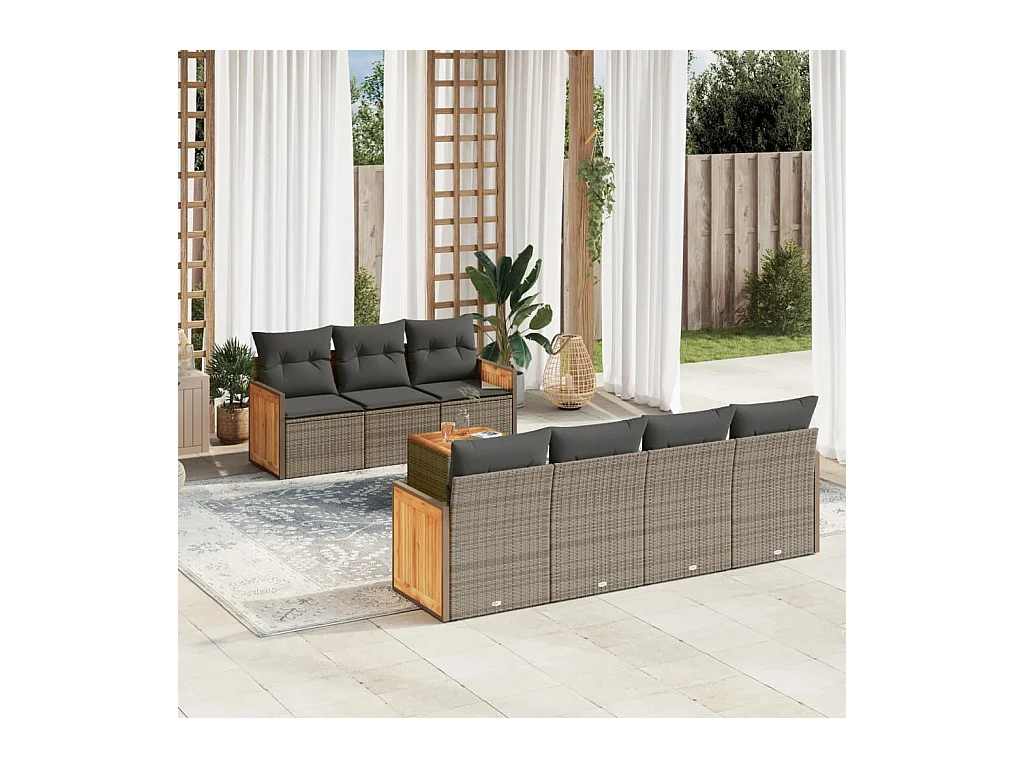 Set de sofás de jardín 8 pzas y cojines ratán sintético gris
