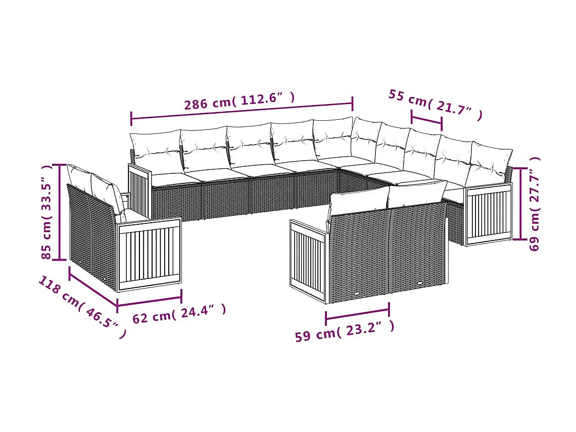 Set Divano da Giardino 13 pz con Cuscini Beige in Polyrattan