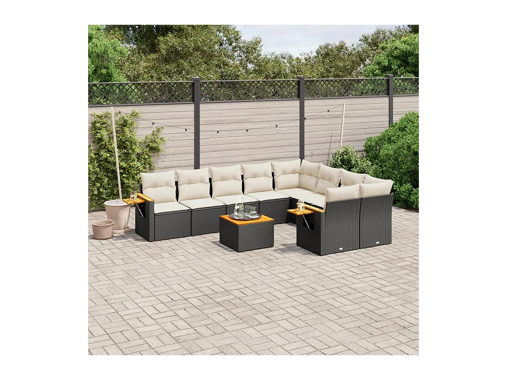 10-delige Loungeset met kussens poly rattan zwart