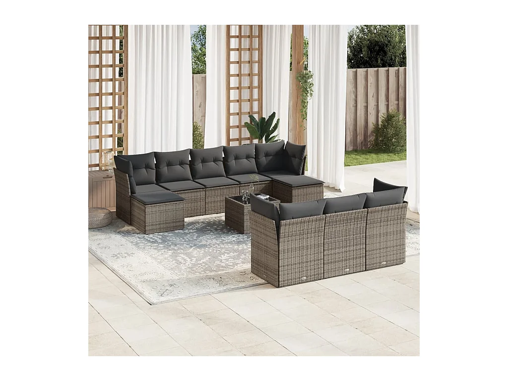 11-tlg. Garten-Sofagarnitur mit Kissen Grau Poly Rattan