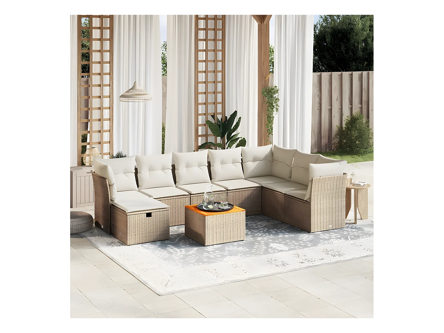 Set Divano da Giardino 9 pz con Cuscini Beige in Polyrattan