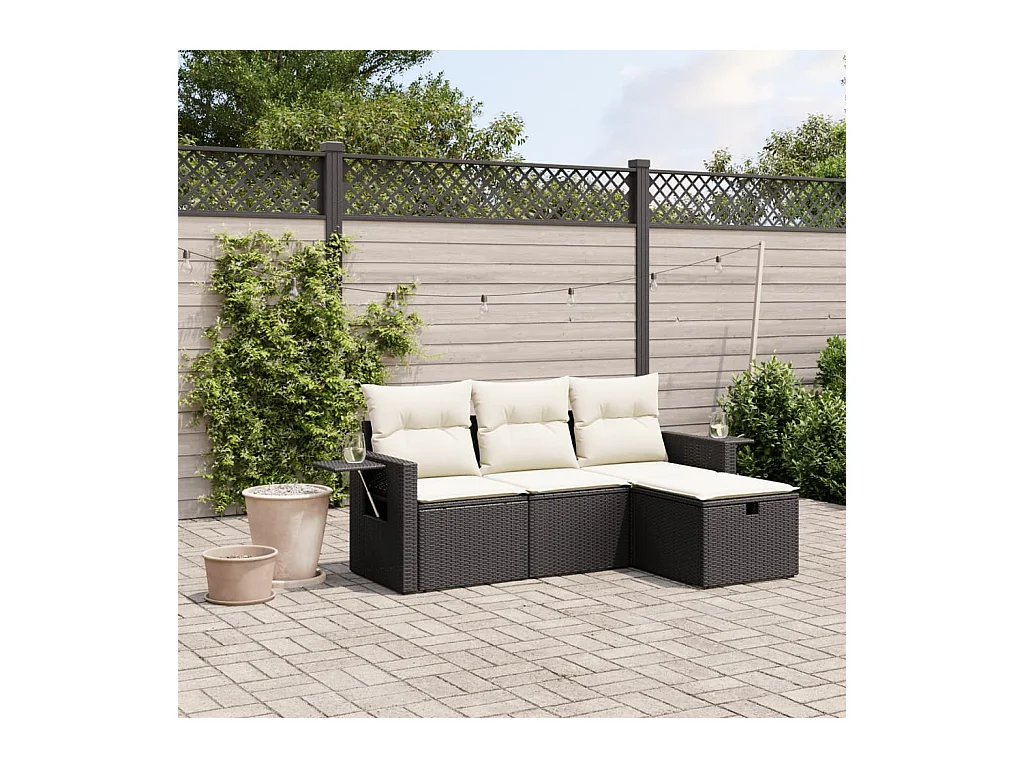 4-delige Loungeset met kussens poly rattan zwart