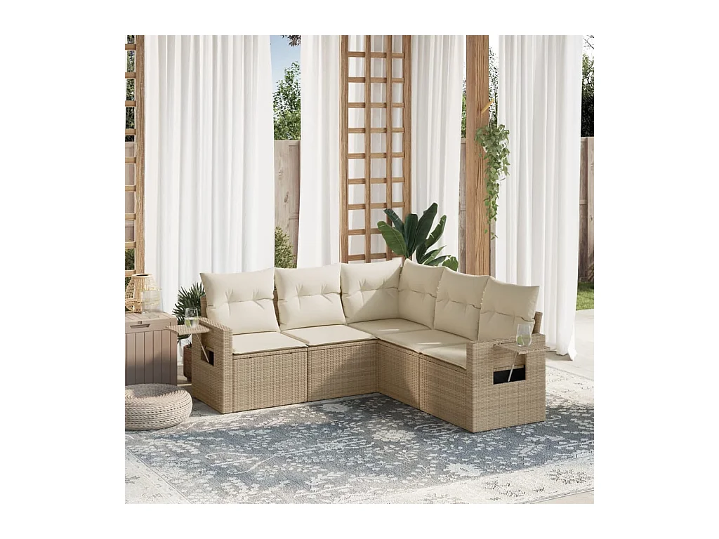 Salon de jardin avec coussins 5 pcs beige résine tressée