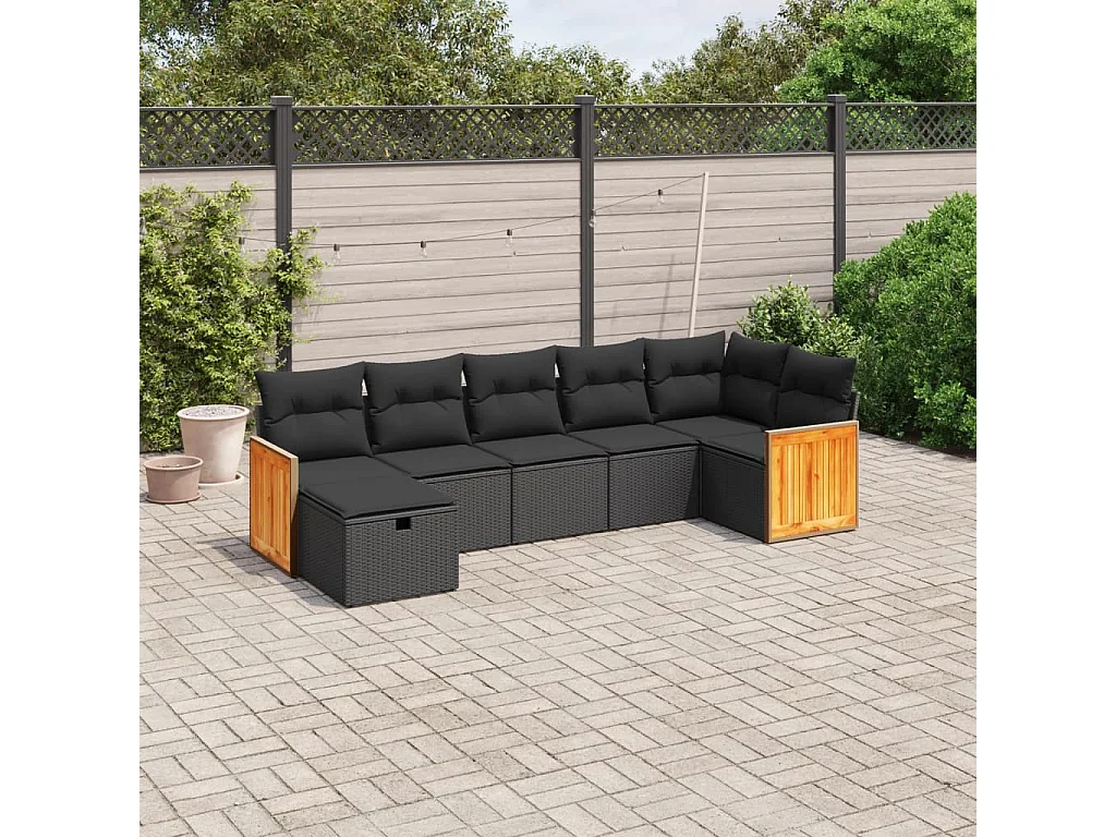 7-tlg. Garten-Sofagarnitur mit Kissen Schwarz Poly Rattan