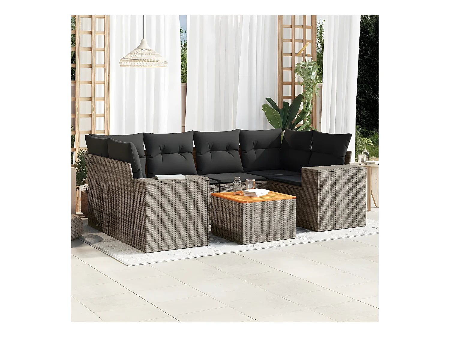 Set Divani da Giardino 7 pz con Cuscini Grigio in Polyrattan