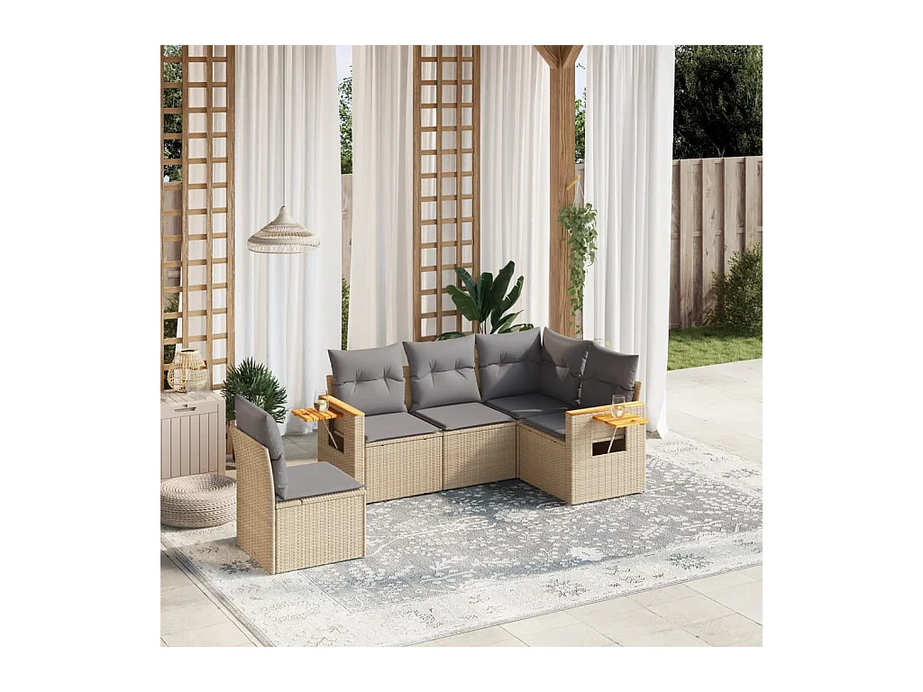 Set Divano da Giardino 5 pz con Cuscini Beige in Polyrattan