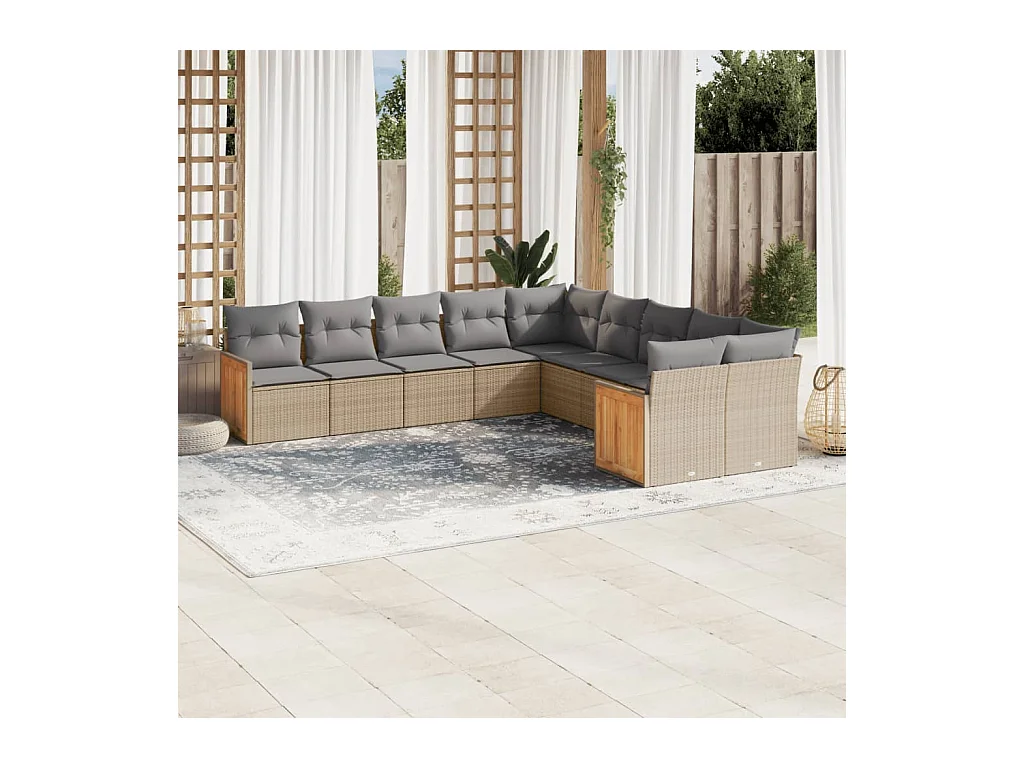 10-tlg. Garten-Sofagarnitur mit Kissen Beige Poly Rattan