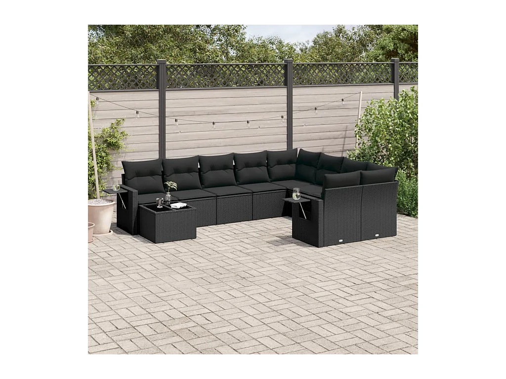 Salon de jardin 10 pcs avec coussins noir résine tressée