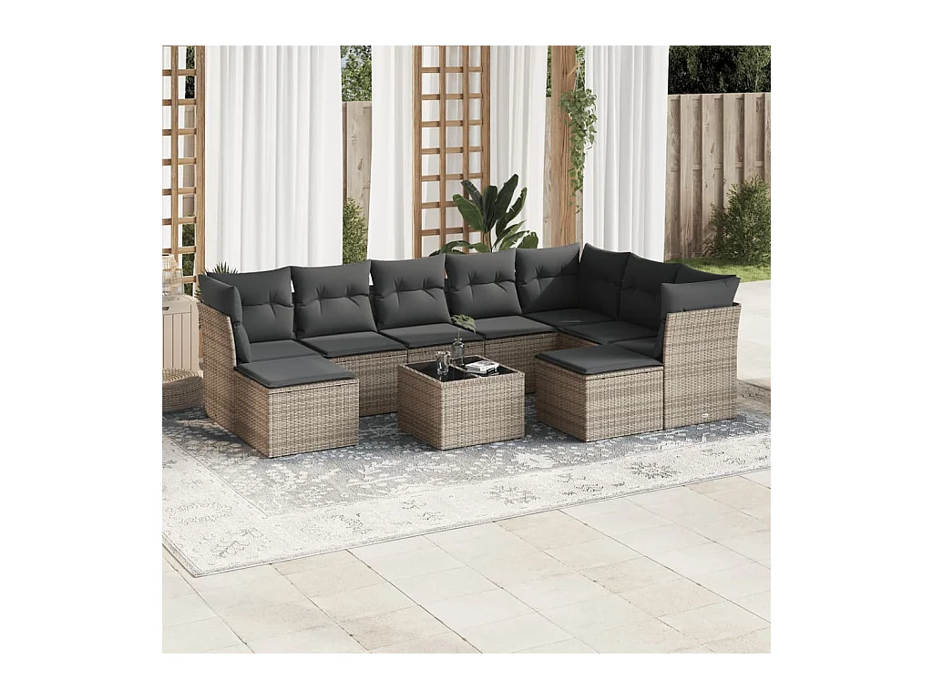 Set Divano da Giardino 10 pz con Cuscini Grigio in Polyrattan