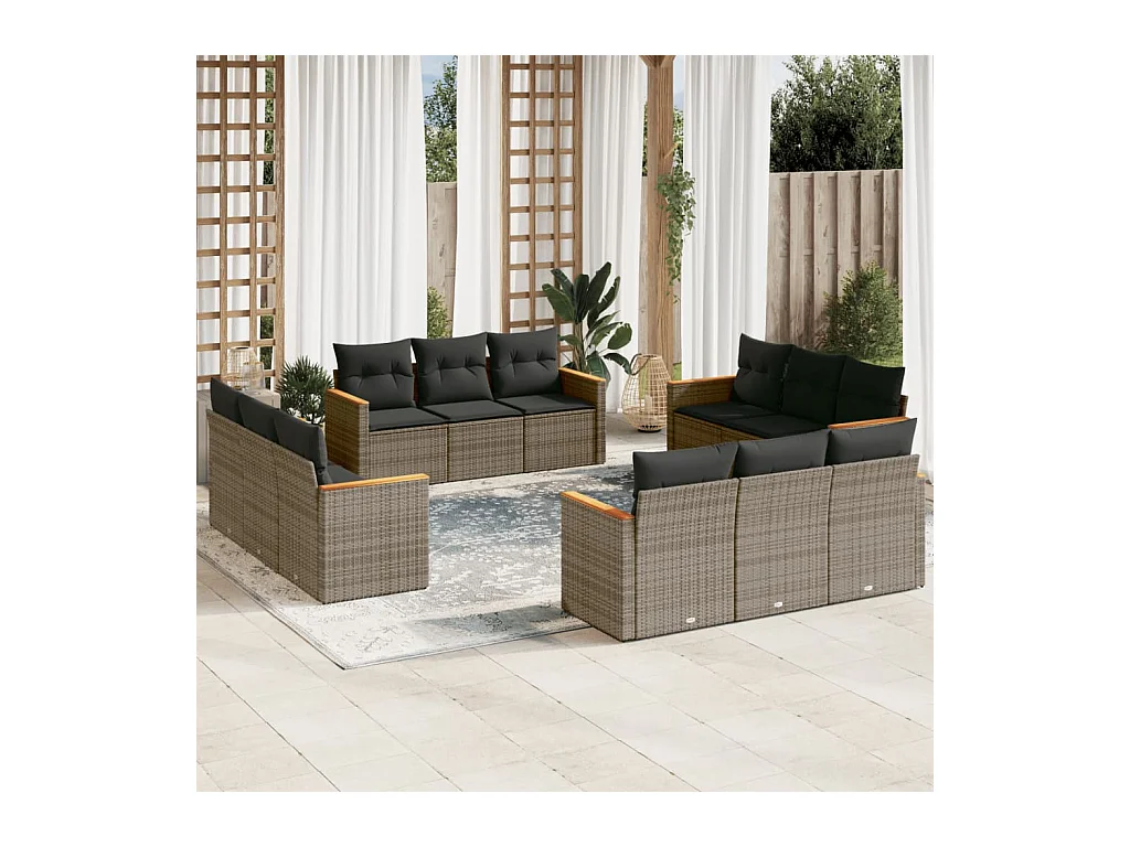12-tlg. Garten-Sofagarnitur mit Kissen Grau Poly Rattan