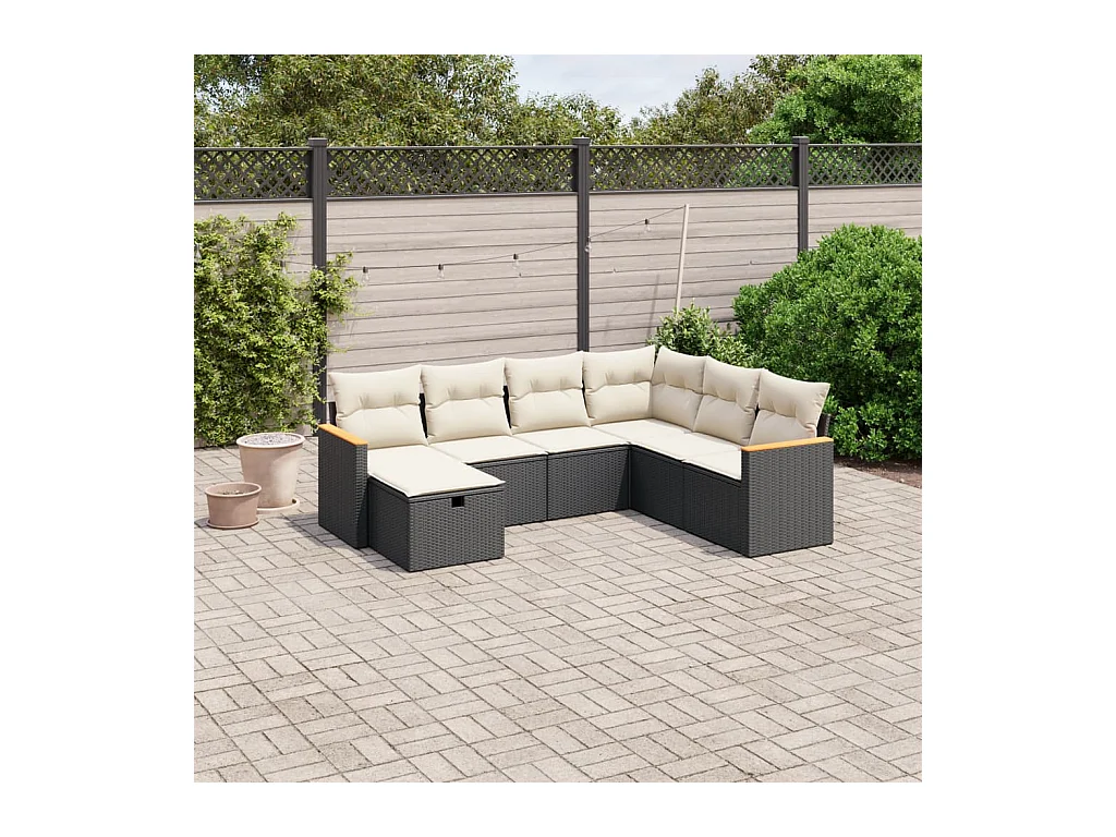Salon de jardin 7 pcs avec coussins noir résine tressée