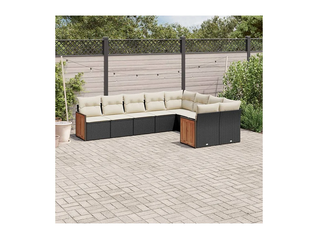 9-delige Loungeset met kussens poly rattan zwart