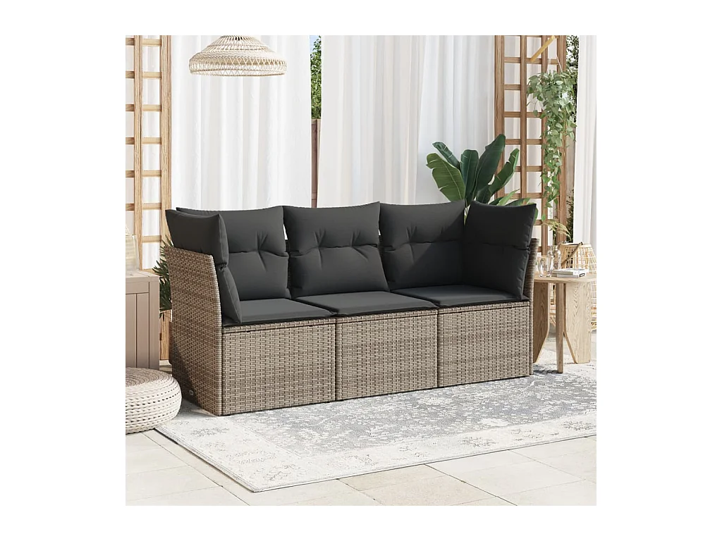 3-tlg. Garten-Sofagarnitur mit Kissen Grau Poly Rattan