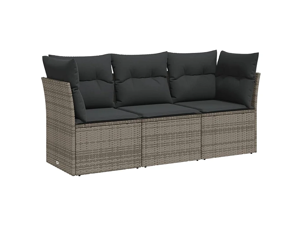 3-tlg. Garten-Sofagarnitur mit Kissen Grau Poly Rattan