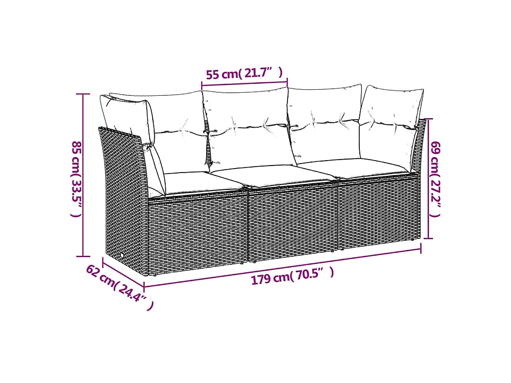 3-tlg. Garten-Sofagarnitur mit Kissen Grau Poly Rattan