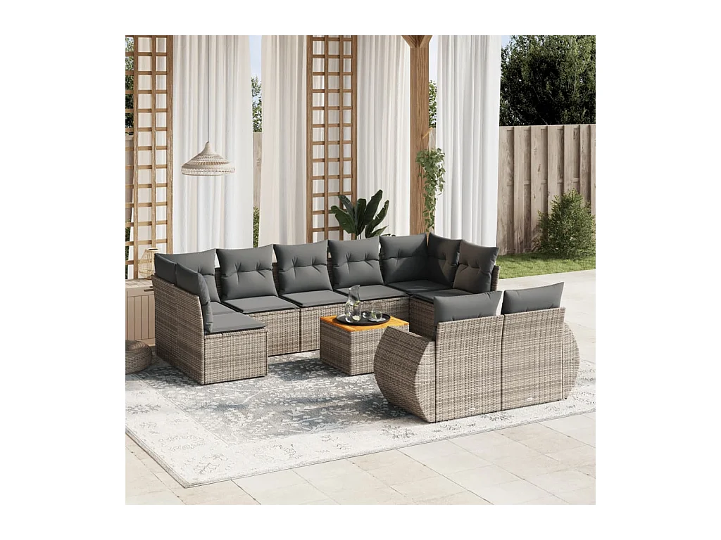 Salon de jardin avec coussins 10 pcs gris résine tressée