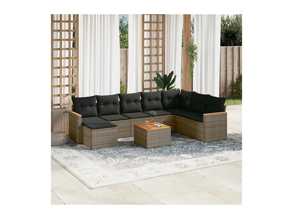 9-delige Loungeset met kussens poly rattan grijs