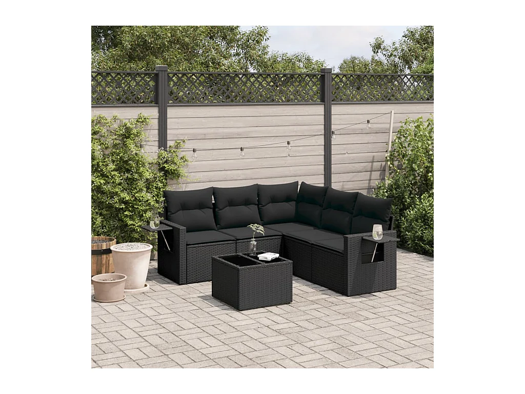 Set Divano da Giardino 6 pz con Cuscini Nero in Polyrattan