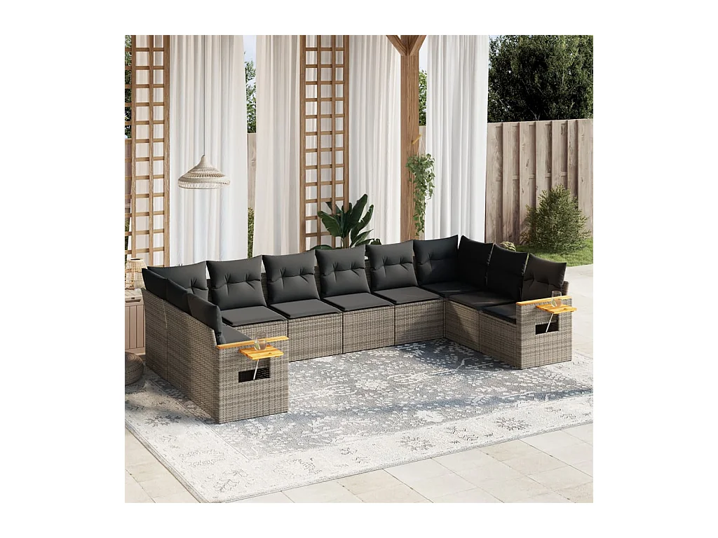 10-delige Loungeset met kussens poly rattan grijs