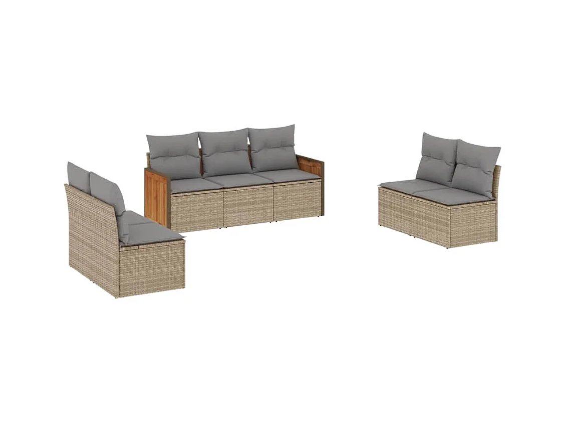 7-tlg. Garten-Sofagarnitur mit Kissen Beige Poly Rattan