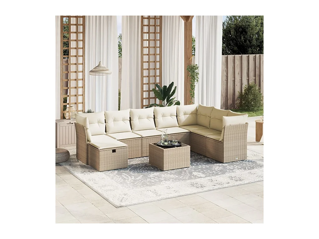 Set Divano da Giardino 9 pz con Cuscini Beige in Polyrattan