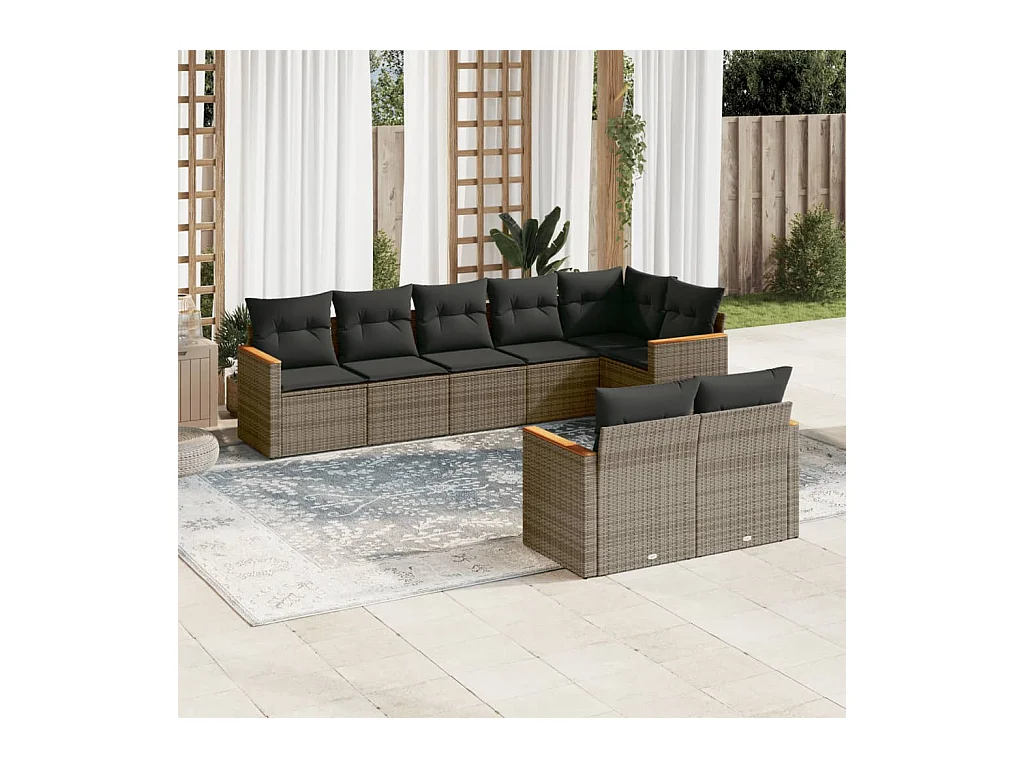 Set de sofás de jardín 8 pzas y cojines ratán sintético gris