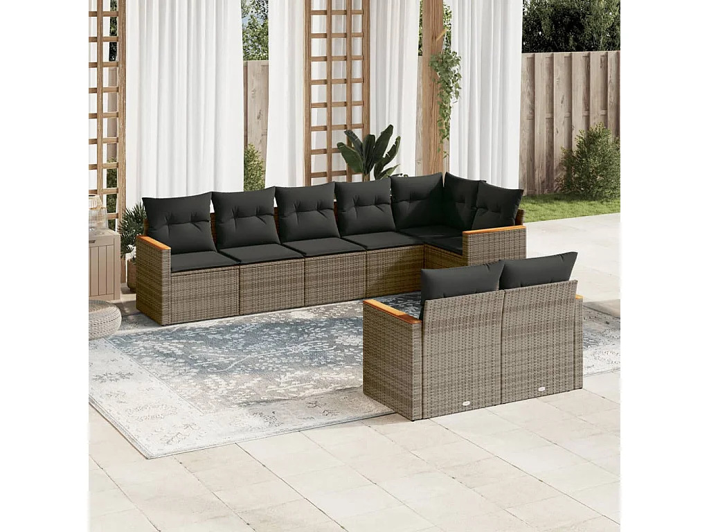 8-tlg. Garten-Sofagarnitur mit Kissen Grau Poly Rattan