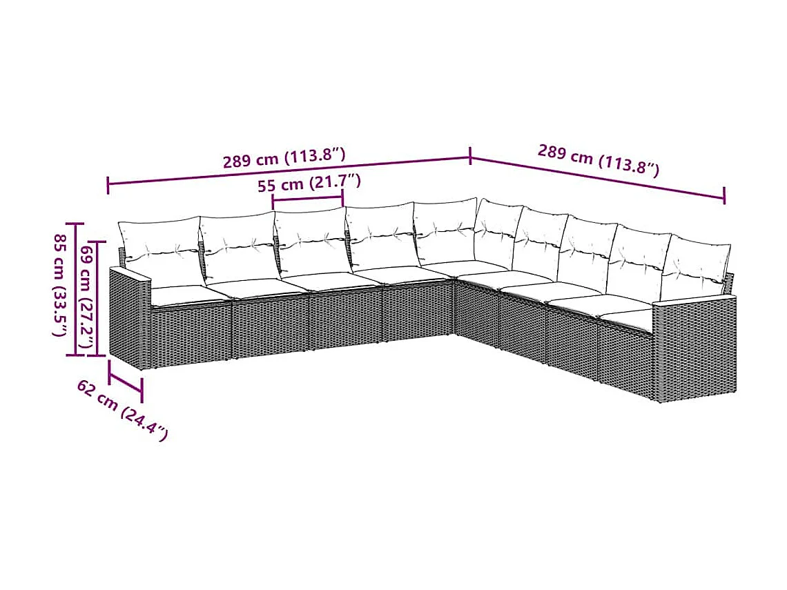 Salon de jardin 9 pcs avec coussins noir résine tressée