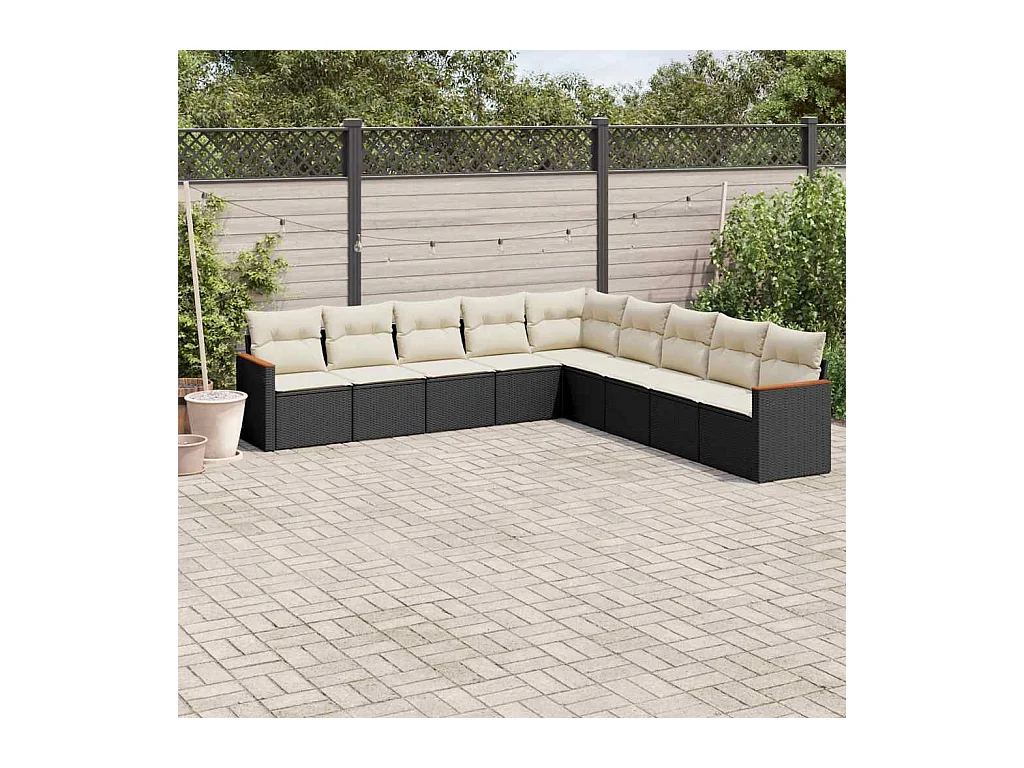 Salon de jardin 9 pcs avec coussins noir résine tressée