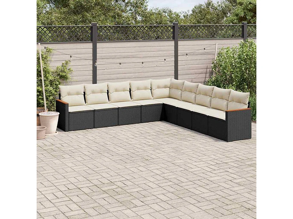 9-delige Loungeset met kussens poly rattan zwart