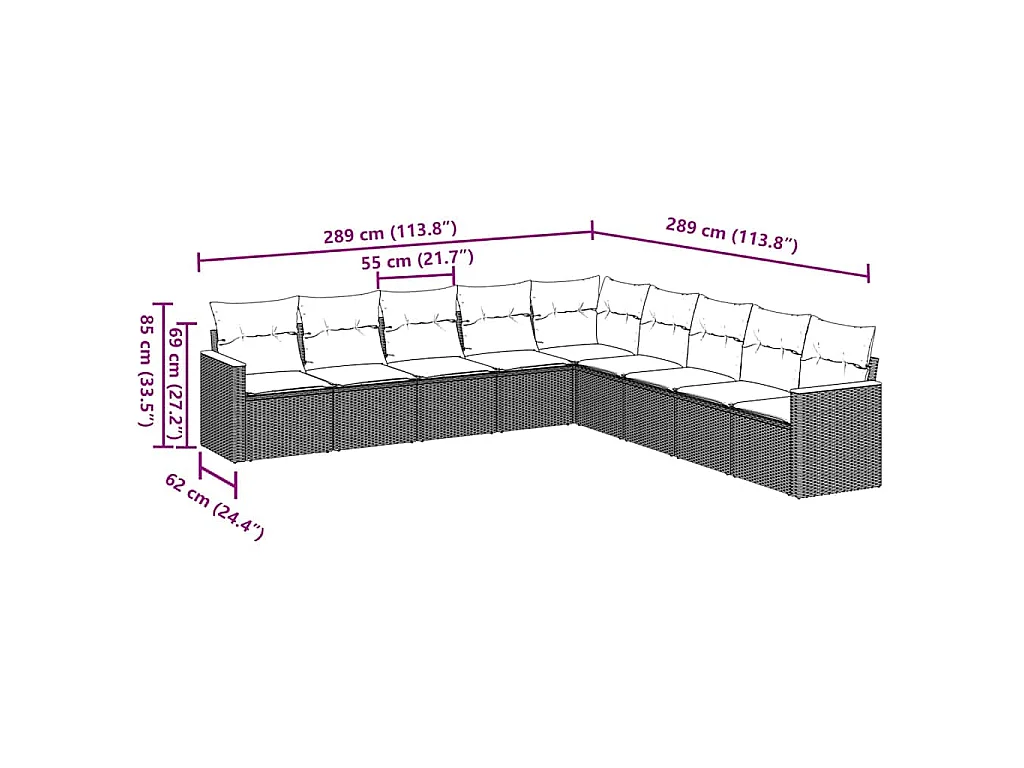 9-delige Loungeset met kussens poly rattan zwart